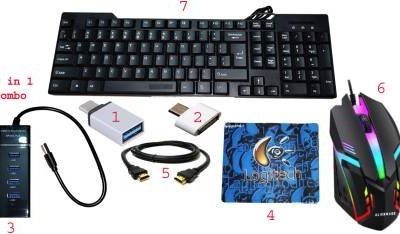 RSG 7 IN 1 COMBO- KEYBOARD ,MOUSE,MOUSEPAD,USB HUB , HDMI CABLE & TYPE C ,V8 OTG Combo Set??(Black, Multicolor)