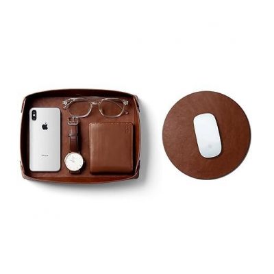 DailyObjects Vegan Leather Tan Desk Tray Organiser | Orb Tan Mouse Pad Extended for Laptop, for PC, and Wireless Mouse, Large Vegan Leather Finish for Home, Office, Gaming - Set of 2(Round)