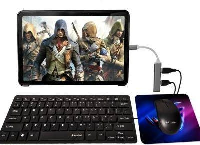 Henture Tablet Keyboard and Mouse Combo with USB Hub, C-Type OTG Cable, and Mouse Pad Combo Set??(Black)
