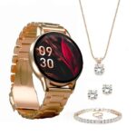 Vibez Glitz Luxury Smart Watch for Women & Gift Box- Stainless Metal Straps,1.39" Display, BT Calling Smartwatch & Jewellery Set for Women, Gifts for Women (Earrings, Necklace, Bracelet, Ring), Gold