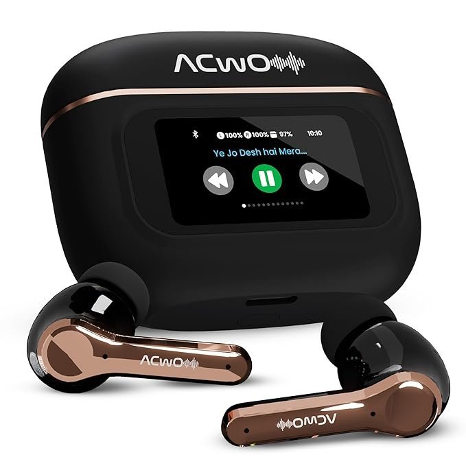 ACwO DwOTS Touch TWS in Ear Earbuds | Hd Touch Display | 32Db ANC | Transparency Mode | 50 Hrs Playtime | Ai-Enc Quad Mics | Find My Earphones | Bluetooth 5.4 | 4 Eq Modes | Golden Black