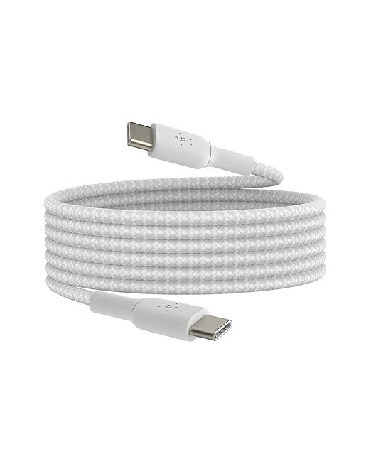 Belkin USB-C to USB-C Braided 6.6 Feet (2 Meter) Fast charging Type C Cable, for iPhone 15 Series and other USB-C Devices, Tough and Durable, 60W PD, USB-IF Certified - White