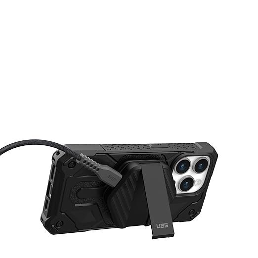 Urban Armor Gear UAG Premium 15W Wireless Charger, Strong Magnet with Fast Charging & Kick Stand, Compatible with Mag-Safe Cases, 4ft Detachable Braided USB-C to USB-C Cable (1.2m)-Black/Carbon Fiber