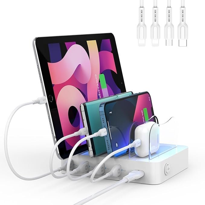 SooPii Charging Station for Multiple Devices, 4-Port Charger Station with 6 Mixed Charging Cables Included,for Home,Office,Travel