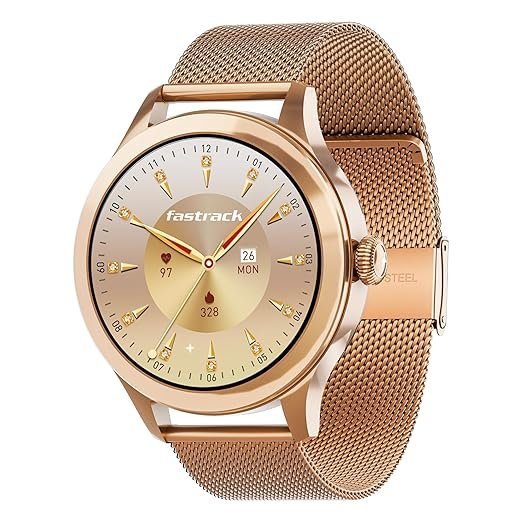 Fastrack Noir Pro Womens Smart Watch, 3.0 cm Super AMOLED Display, 390*390 Resolution, 100+ Sports Modes, SOS, BT Calling, Female Health Monitor,IP68, 5-Day Battery, 100+ Smartwatch Faces (Rose Gold)
