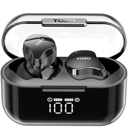 TOZO Crystal Buds Bluetooth 5.3 True Wireless Stereo Earbuds IPX7 Waterproof in Ear Headset Call Noise Reduction Headphones with Digital Display and Transparent Case Long Standby Earphones Black