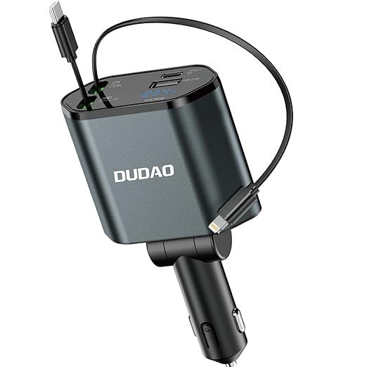 DUDAO R5C Retractable Car Charger, 4 in 1 Fast Car Phone Charger 100W with Dual Retractable Cables and USB Car Charger Adapter, Compatible with iPhone 15/14/13/12 Pro Max, Samsung, Pixel, iPad