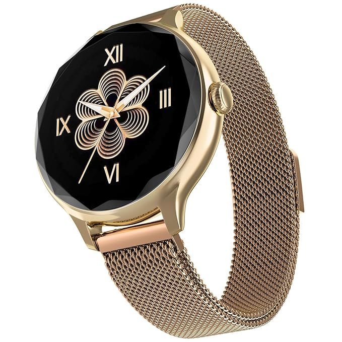Roll over image to zoom in Noise Diva Smartwatch with Diamond Cut dial, Glossy Metallic Finish, AMOLED Display, Mesh Metal and Leather Strap Options, 100+ Watch Faces, Female Cycle Tracker Smart Watch for Women (Gold Link)