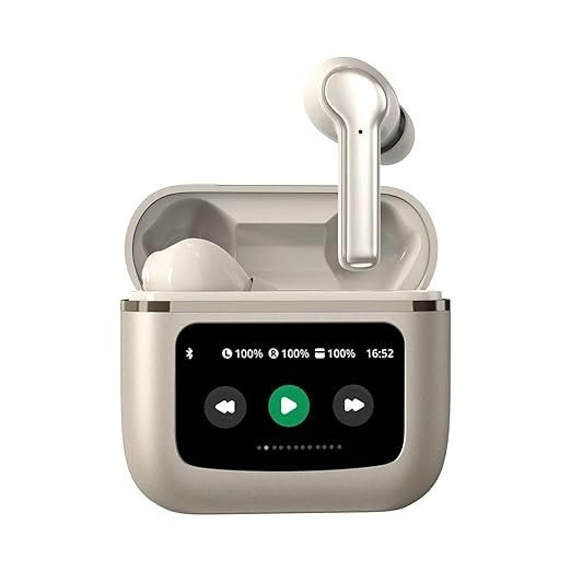 True Wireless Stereo in Ear Earbuds with Touch LCD Display and Active Noise-Cancellation | Low Latency Gaming | Type-C Fast Charging | IPX6 Waterproof Standard | Bluetooth 5.3 Earbuds TWS (Gold)