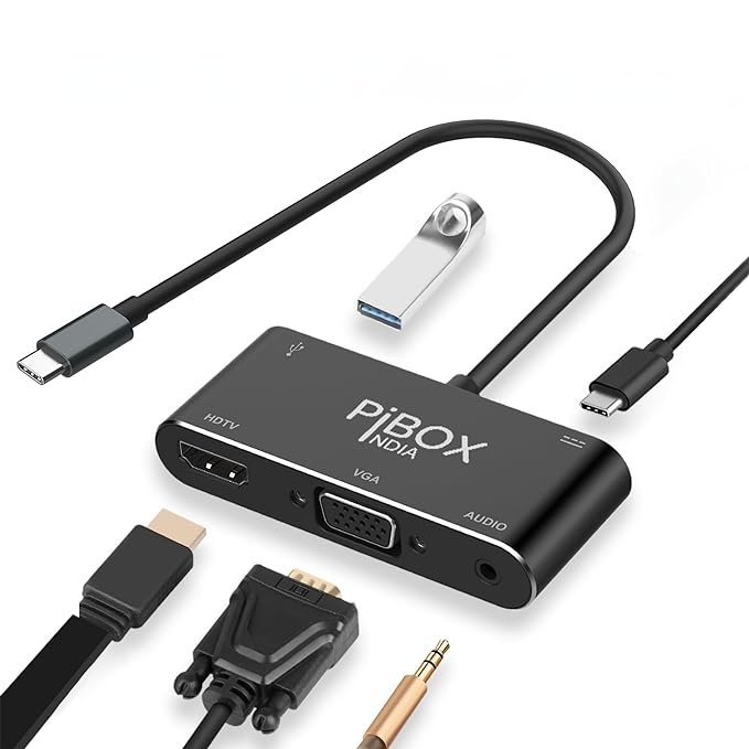 PiBOX India, USB C to HDMI VGA USB Adapter, Aluminium Type C USB hub 3.1 to HDMI 4K/VGA/USB 3.0/USB C Converter Cable Charging Port Adapter Cable for Mac, Compatible Samsung Galaxy/Samsung Note