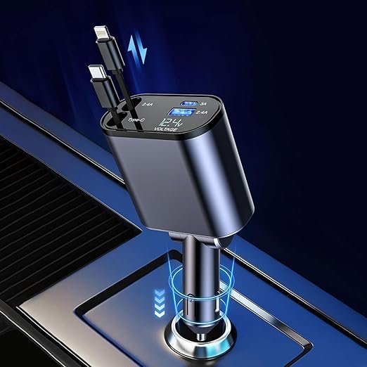 Moreyaji Retractable Car Charger, 120W 4 in 1 Super Fast Charge Car Phone Charger, Retractable Cables (31.5 inch) and 2 USB Ports Car Adapter